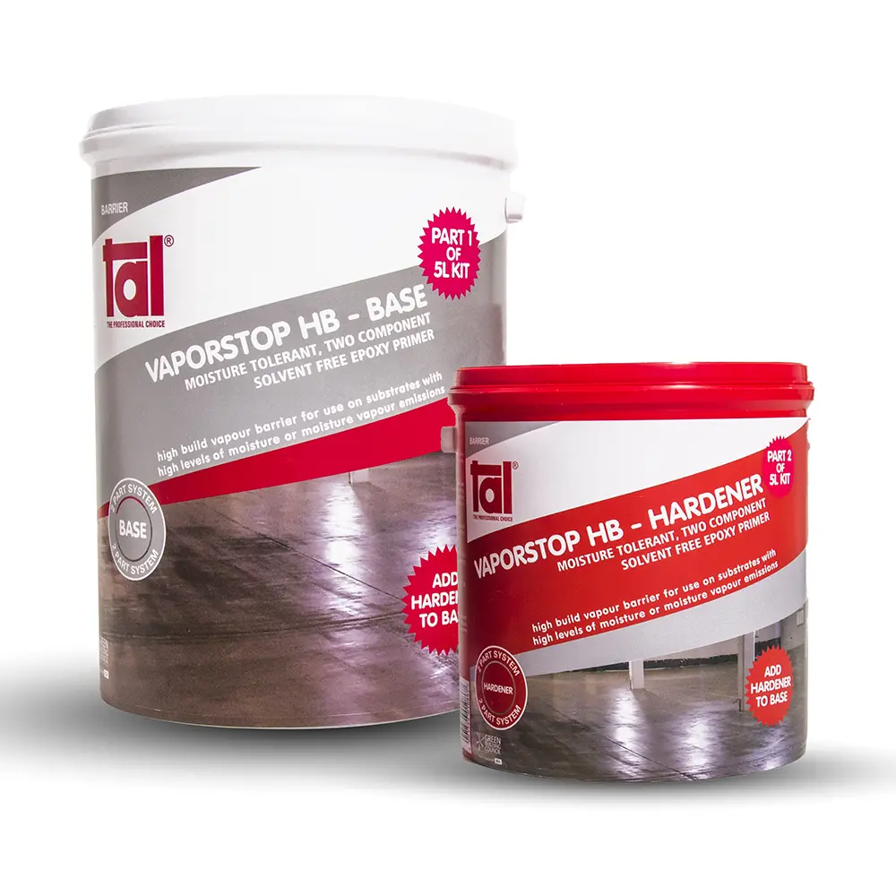 tal-vaporstop-hb-epoxy-moisture-barrier-5l-application TAL X-Shield VaporStop HB Epoxy Moisture Barrier 5L Kit — two-component solvent-free epoxy barrier for high-moisture concrete substrates